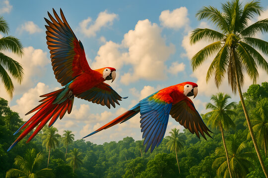 Two scarlet macaws flying over tropical rainforest with palm trees and blue sky filled with soft clouds.