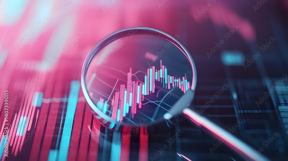 Poster magnifying glass analyzing financial growth chart for data-driven auditing and analysis