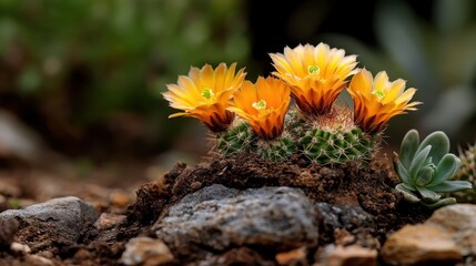 A close-up view of vibrant yellow-orange cactus flowers blooming amongst rocks in a lush desert landscape, showcasing nature's beauty and resilience in arid environments.