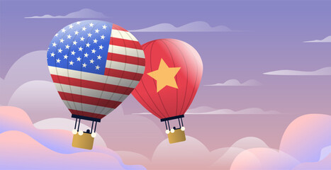 Hot air balloons USA China trade war concept depicting competition against a colorful sky background with clouds