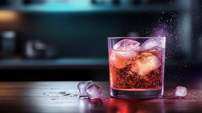 This image features a robust cocktail glass filled with ice, highlighted by droplets, offering a vivid portrayal of refreshing nightlife and indulgence in a sleek atmosphere.