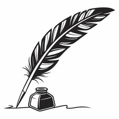 Black vector illustration of an antique quill pen and inkwell symbolizes old writing