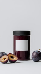 Delicious jam mockup in a rounded glass jar with plums on a minimal background