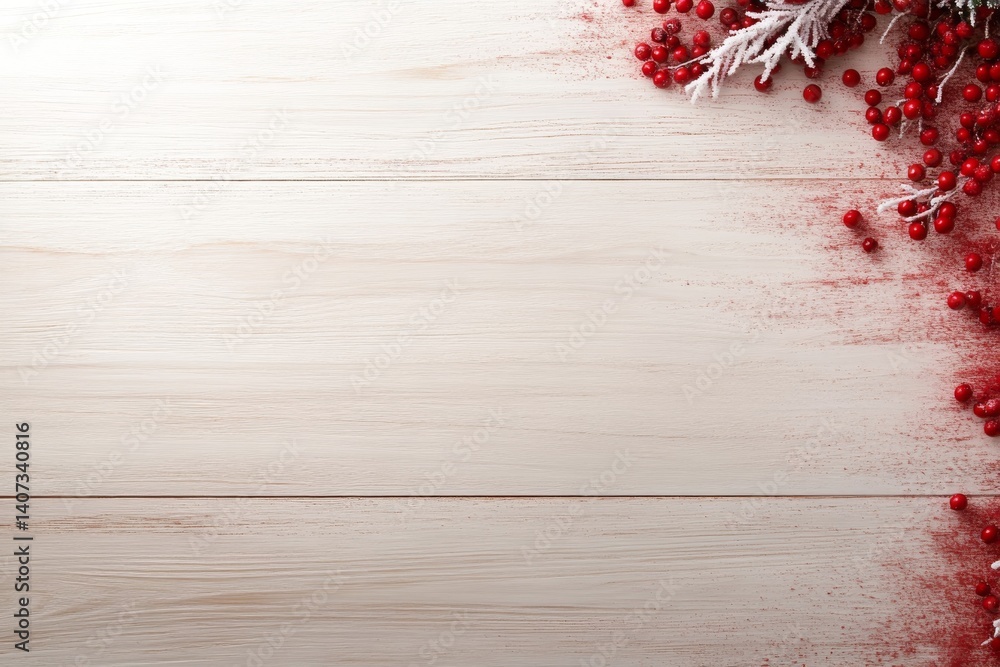 Aufkleber top-down view of a snowy wooden frame surrounded by frosted red berries and evergreen branches, feat