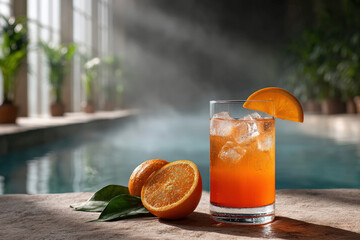 A glowing virgin Aperol Spritz mocktail resting beside a spa jacuzzi, orange segments floating in the glass