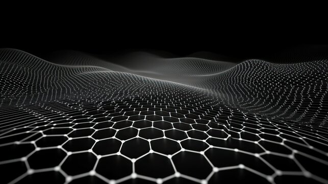 A dark background with an abstract hexagon pattern made of white dots and lines, resembling carbon or graphite structures