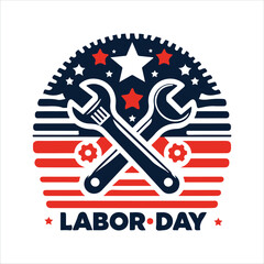 Labor Day Typography Design with American Flag and Tools Symbols