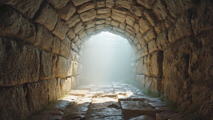 Obraz premium Ancient tunnel entrance with sunlight streaming through.