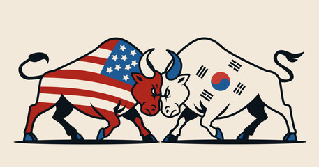 Trade war concept bulls USA South Korea flags aggressive stance economic conflict