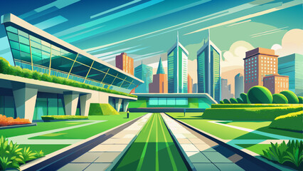 Naklejka premium Soft green turf contrasts with sleek urban architecture under a sunny sky