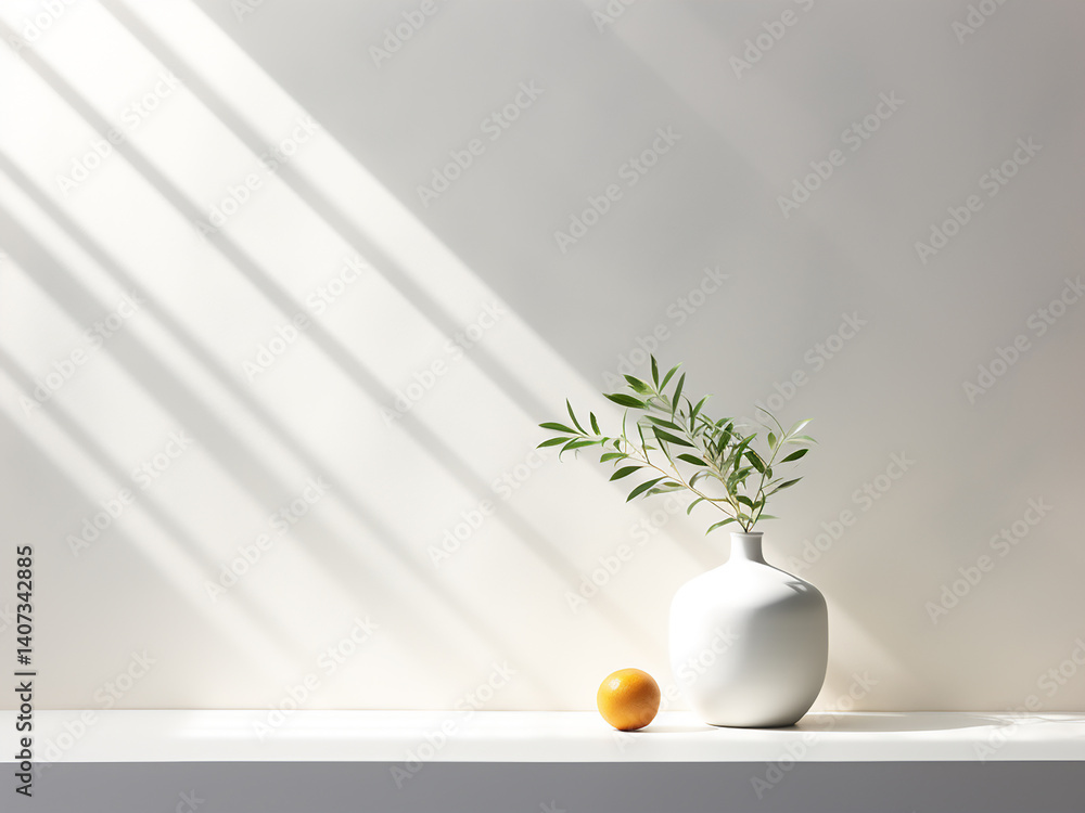 Poster clean composition with the product in focus surrounded by white space and soft window light