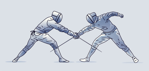 Obraz premium Fencing duel concept two fencers engaging in combat dynamic pose detailed suits and helmets light blue background sports competition theme