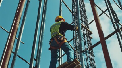 Fototapeta premium Construction laborer lifting heavy materials onto scaffolding. Featuring strength and coordination
