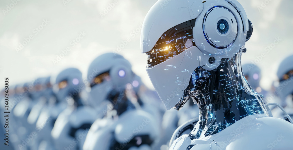 Poster In a highly advanced technological environment, a group of robots stands in perfect alignment, showcasing their synthetic features and glowing elements.