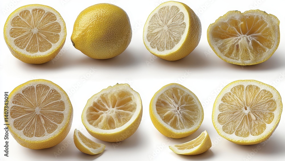 Poster fresh and juicy lemons displayed in various cuts and angles showing bright yellow pulp and zesty tex