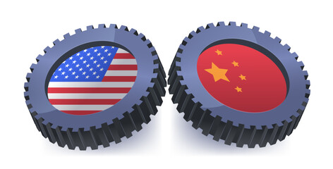 US China trade war concept depicted by two interlocking gears with American and Chinese flags symbolizing conflict and tariffs