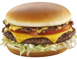 Beef burger with cheese, tomatoes, red onions, cucumber and lettuce on black slate over dark background. Unhealthy food