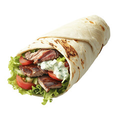 Tasty beef wrap with grilled meat, lettuce, tomatoes, onions, and creamy sauce in a soft tortilla. Fresh and ready to eat.