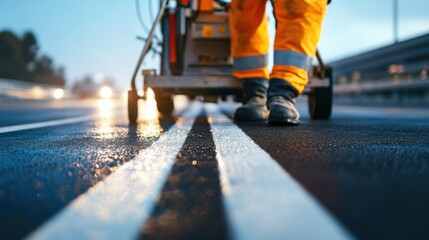 Road marking specialist painting reflective lane lines on a highway. Featuring accuracy and efficiency