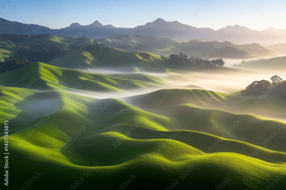 Poster rolling green hills illuminated by soft morning light reveal layers of mist in valleys, creating a t