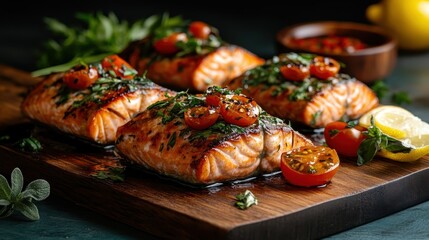 Multiple perfectly grilled salmon portions garnished with fresh herbs and served with cherry tomatoes, creating an inviting and colorful display on a wooden serving board.