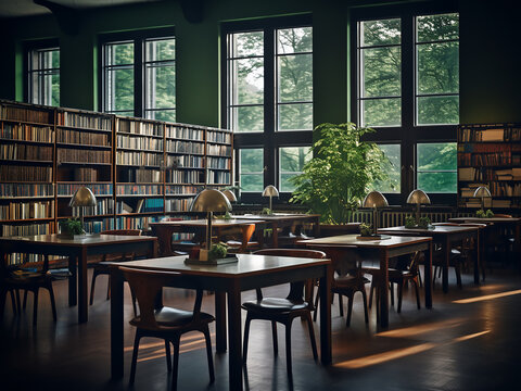 Quiet study library with separated desks and task lighting promoting focused learning