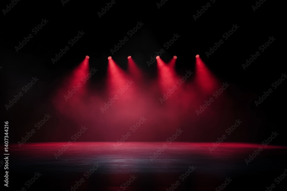 Poster A wide shot showcases a ruby-inspired stage featuring glowing geometric crystal structures, creating a captivating ambiance in a modern theater