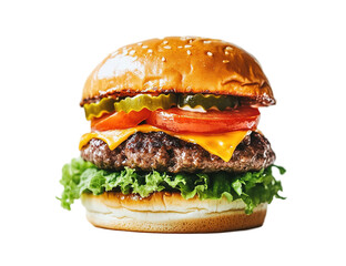 Beef burger with cheese, tomatoes, red onions, cucumber and lettuce on black slate over dark background. Unhealthy food