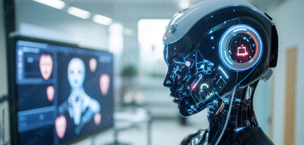 Poster A detailed view of a synthetic robot showcasing intricate designs and glowing elements. In the background, a screen displays digital faces, illustrating advancements in robotic consciousness.