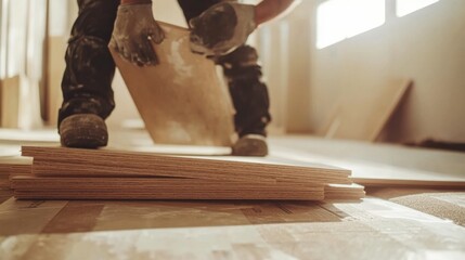 Construction laborer lifting plywood sheets for floor installation. Featuring teamwork and coordination