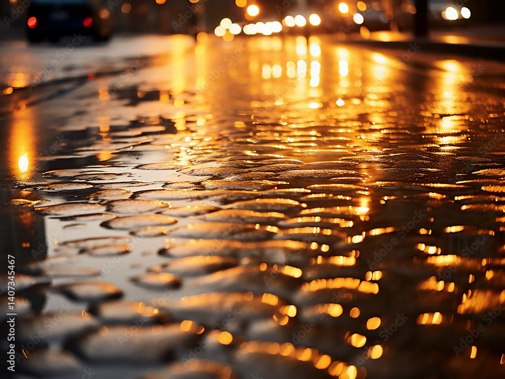 Poster puddles grow slowly from rain patterns with clear reflections and lights glowing softly