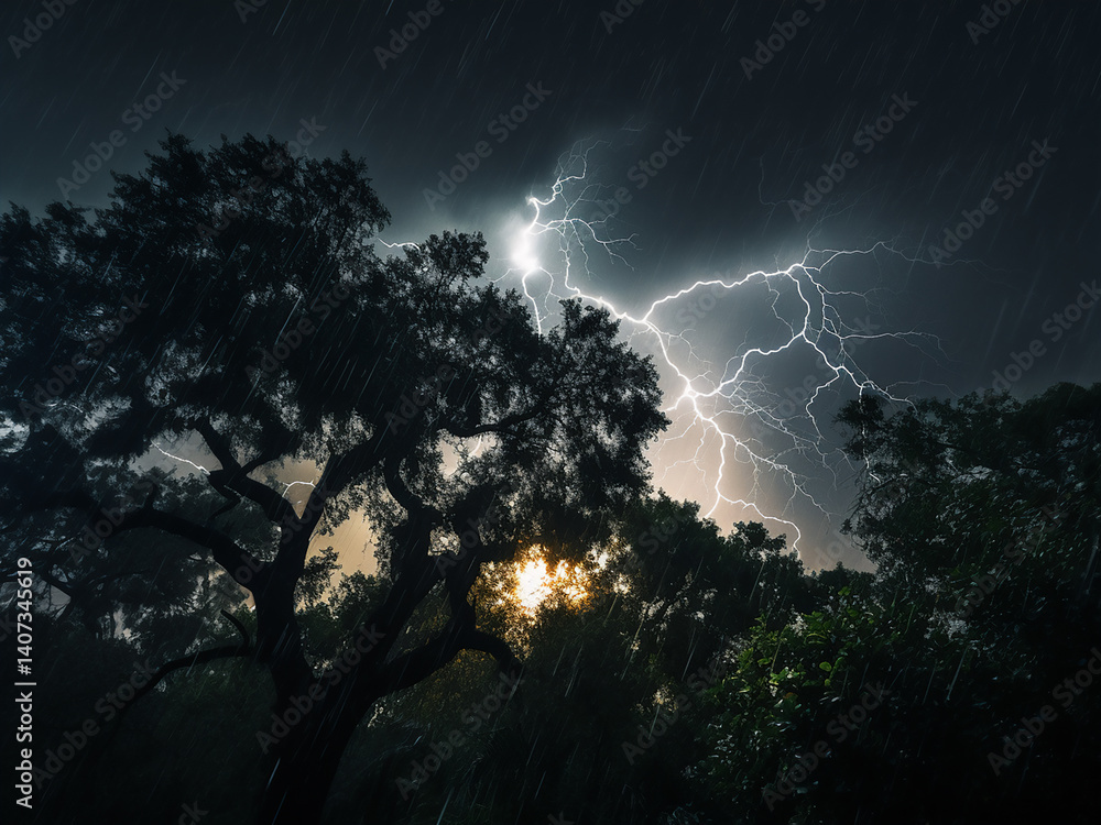 Aufkleber rain sheets fall with wind gusts as trees sway rhythmically and lightning flashes brightly
