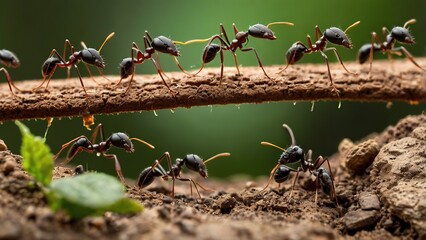 Black ants, small insects in nature, closeup on the green leaf in the forest
