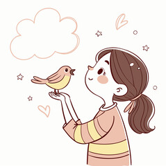 A story about friendship and trust: a naive drawing of a girl with a bird for children's books and decor.
