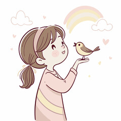 A cozy moment of trust: a child's drawing of a girl tenderly holding a bird, for children's interiors.
