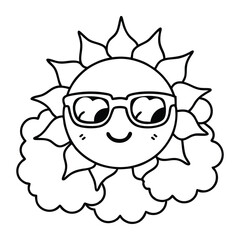 Outline of a Cute Smiling Sun with Sunglasses and Clouds Vector Illustration