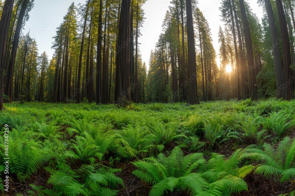 Aufkleber sunlight filters through towering trees, casting a warm glow on a lush carpet of vibrant ferns in a 