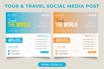 Travel and touring organization poster template with sky blue and orange colors. Holiday tour and travel social media post vector with photo placeholder. Vacation planner agency promotional flyer.