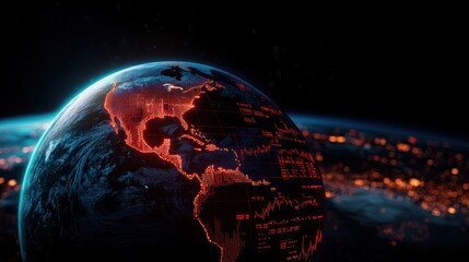 Earth globe with digital financial data overlay, space background