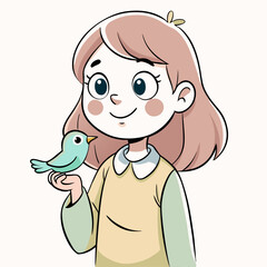 Children's illustration with minimalist details: a story about trust between a girl and a bird.
