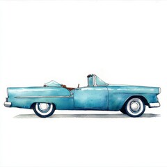 Light Blue Classic Convertible Car Watercolor Painting