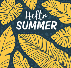 Bold summer illustration featuring "Hello Summer" text with yellow tropical leaves on a dark blue background, perfect for seasonal art.