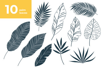 Set of 10 tropical palm leaves in dark blue silhouettes on a white background, ideal for summer designs, clipart, or nature-themed projects.
