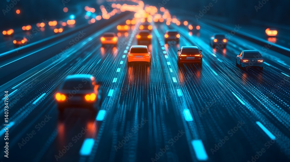 Poster futuristic connected road infrastructure with real-time vehicle tracking and navigation