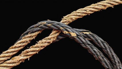 Rough metallic twisted rope with worn ends and a tangled knot.