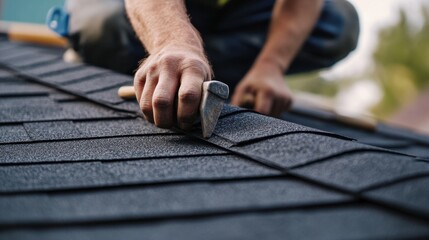 Roofing expert applying shingles to a pitched roof. Featuring skill and roofing expertise