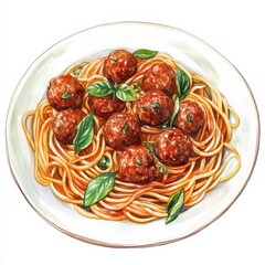 Overhead View of a Plate of Spaghetti and Meatballs with Basil