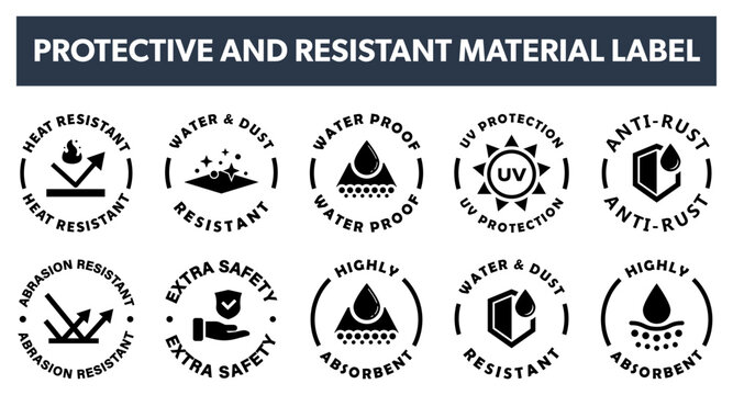 Proof and protective material and clothes - vector resistant fabric properties signs.