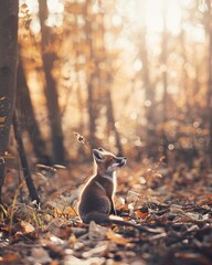 Cute red fox cub sitting in autumn forest, golden sunlight shining through trees, shallow depth of field, wildlife scene, warm tones, natural habitat