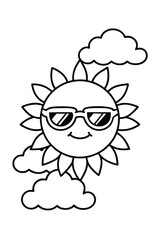Outline of a Cute Smiling Sun with Sunglasses and Clouds Vector Illustration